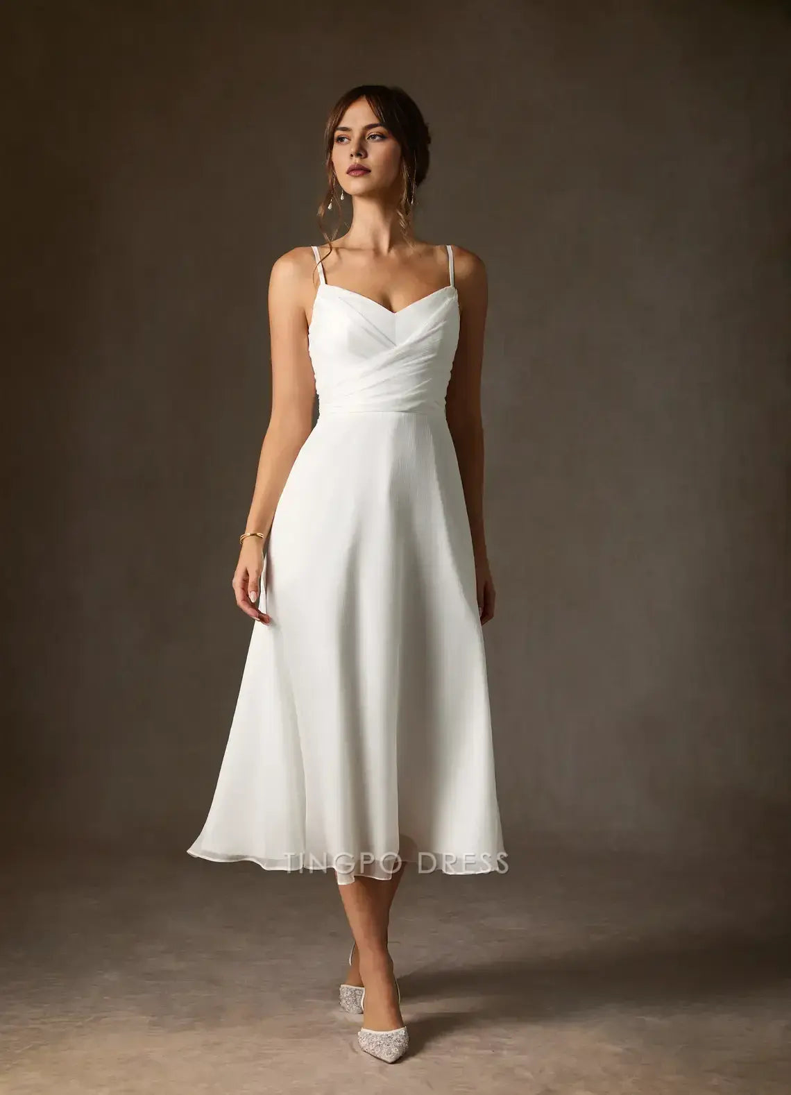 Elegant Spaghetti Strap Surplice Bodice Chiffon Midi Dress with Back Bow Prom Dress
